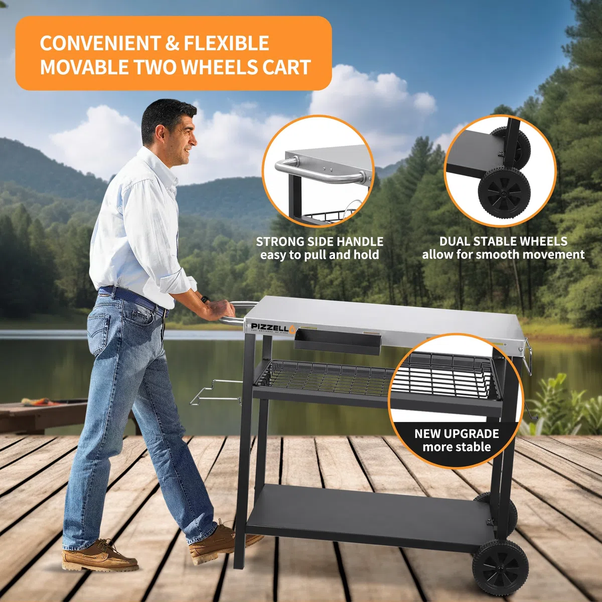PIZZELLO Carrito de comedor con parrilla al aire libre de tres estantes, carrito de barbacoa móvil, mesa de trabajo multifuncional de acero inoxidable para preparación de alimentos con dos ruedas,
