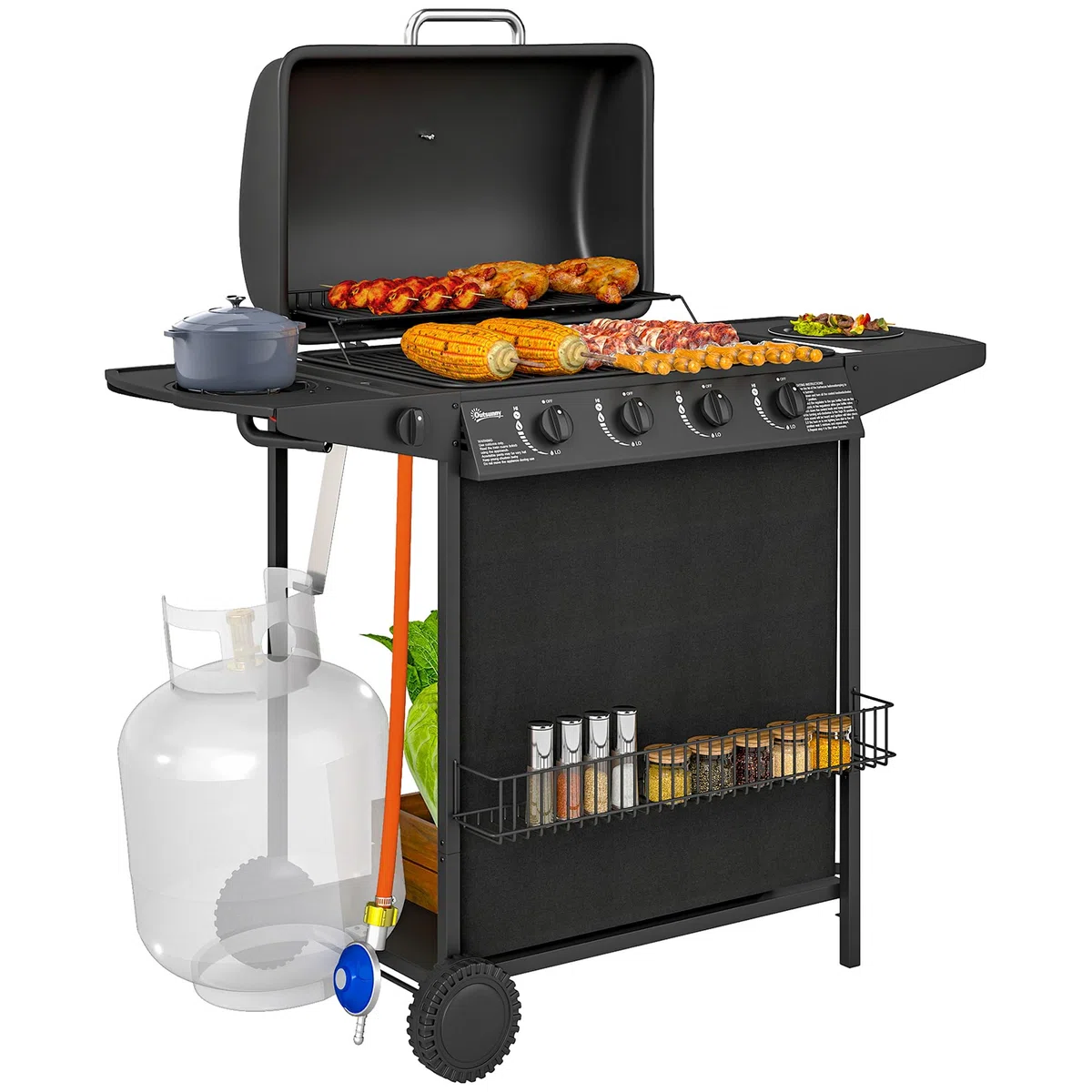 Outsunny Barbacoa de Gas BBQ Gas con 4+1 Quemadores 12 kW Barbacoa Portátil con Estante Especiero Termómetro Mesa Lateral 2 Ruedas Parrilla Recogedor de Grasa para Exterior Jardín Camping Negro