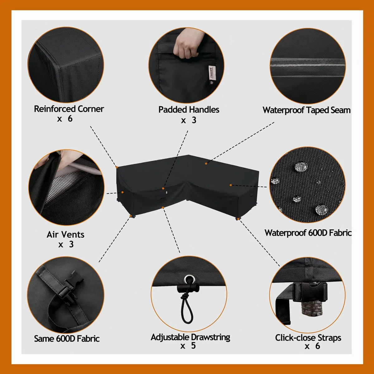 Funda de sofá modular resistente para exteriores, 216 x 216 cm, impermeable, 100% 600D, funda para sofá modular de patio, funda para muebles de patio (forma de V, 216 x 216 cm, color negro)