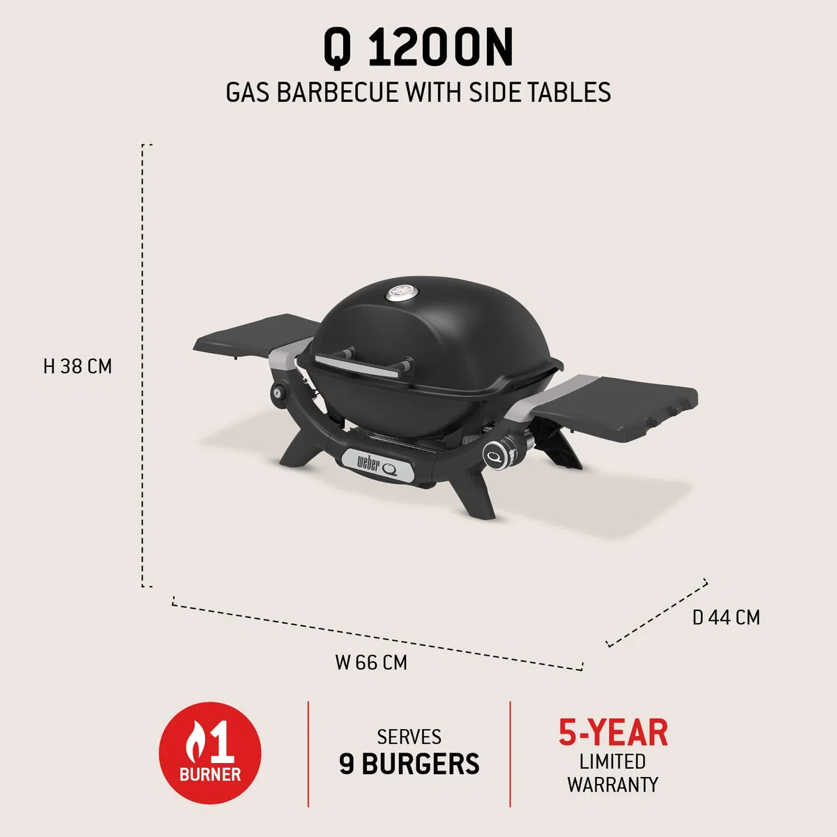 Weber Q 1200N (2026) – Barbacoa de Gas con mesas Laterales, Encendido electrónico, termómetro, 1 Quemador de Acero Inoxidable, compacta, área 43x32 cm, Negro