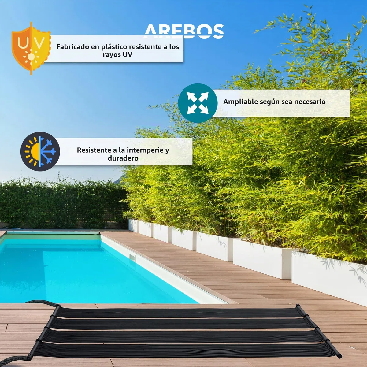 Arebos 2X Calentador de Agua Solar | colector Solar | Calentador de Piscina | Colchoneta Solar | Absorbedor Solar | 300 x 132 cm | Plástico Resistente a los Rayos UV | Incl. Conjunto de derivación