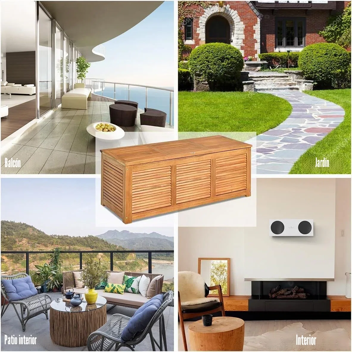 FANTASK Caja de jardín de madera de acacia, 179 L, caja de almacenamiento, caja de cojines, color natural