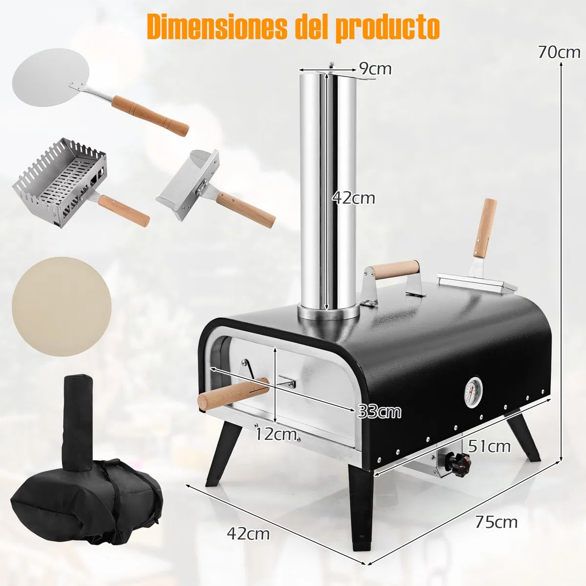 COSTWAY Horno Pizza, Horno Pizza Leña y Carbón, Piedra para Pizza de 30 cm, Inoxidable de 3 Capas con Termómetro, Pala para Pizza y Bolsa de Transporte