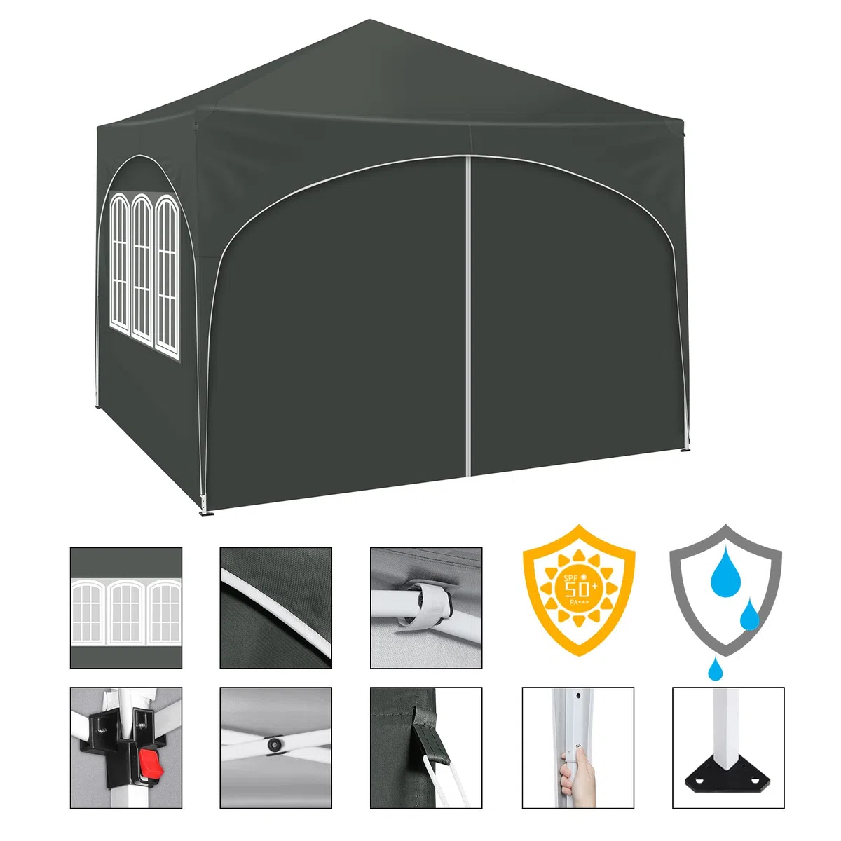 WOLTU Pabellón de Jardín Cenador Plegable Pérgola con Techo Carpa para Exteriores de Tela Oxford, 3x3 m, con Paredes Laterales Altura Ajustable para Camping y Playa,Gris