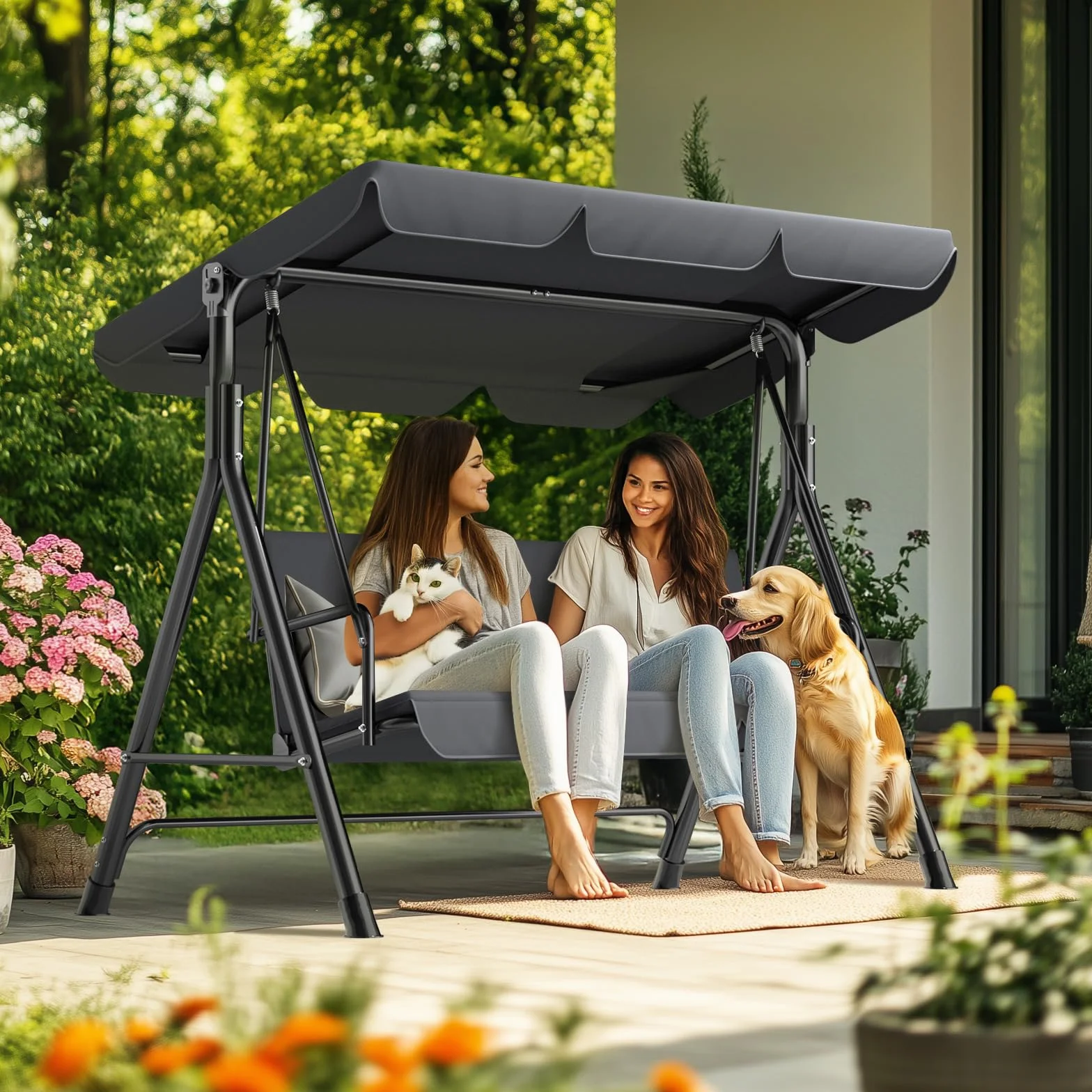 Balancín de Jardín de 3 Plazas con Toldo Ajustable para Exteriores, Columpio con Patas Antideslizantes, Banco Soporta Hasta 200 kg, Tumbona para Terraza, Color