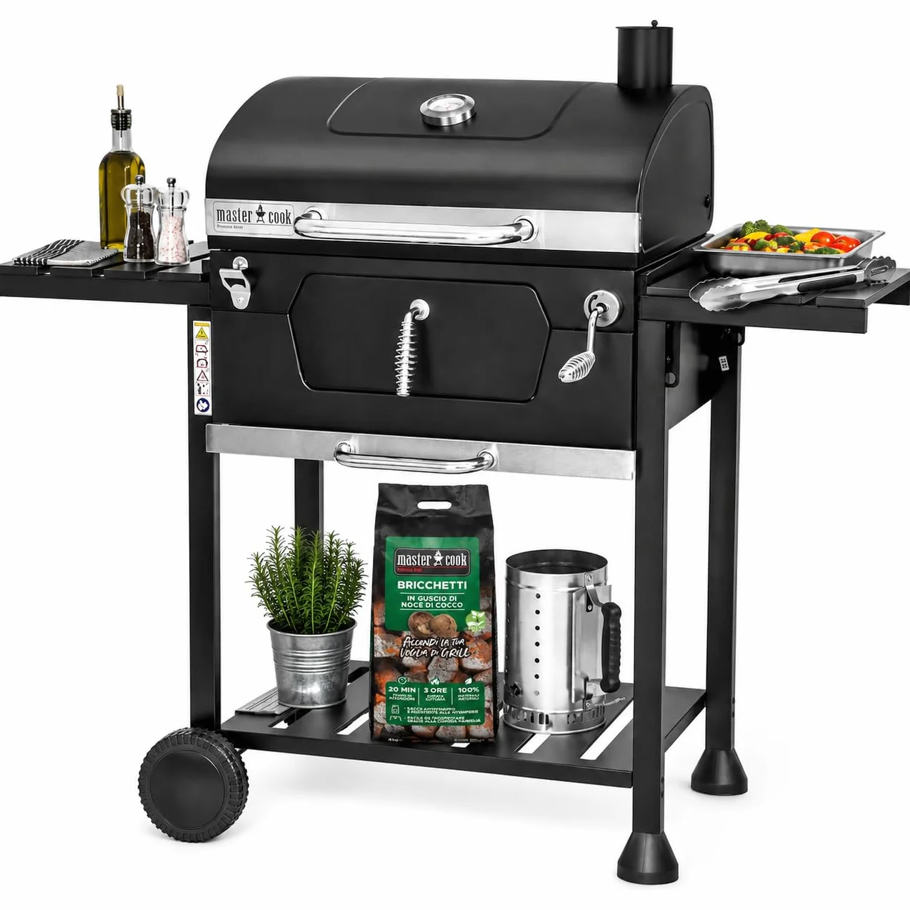 MasterCook Barbacoa de carbón de acero con ruedas resistente y estable con doble parrilla, termómetro y ajuste de la cesta de barbacoa, barbacoa de carbón con estantes laterales