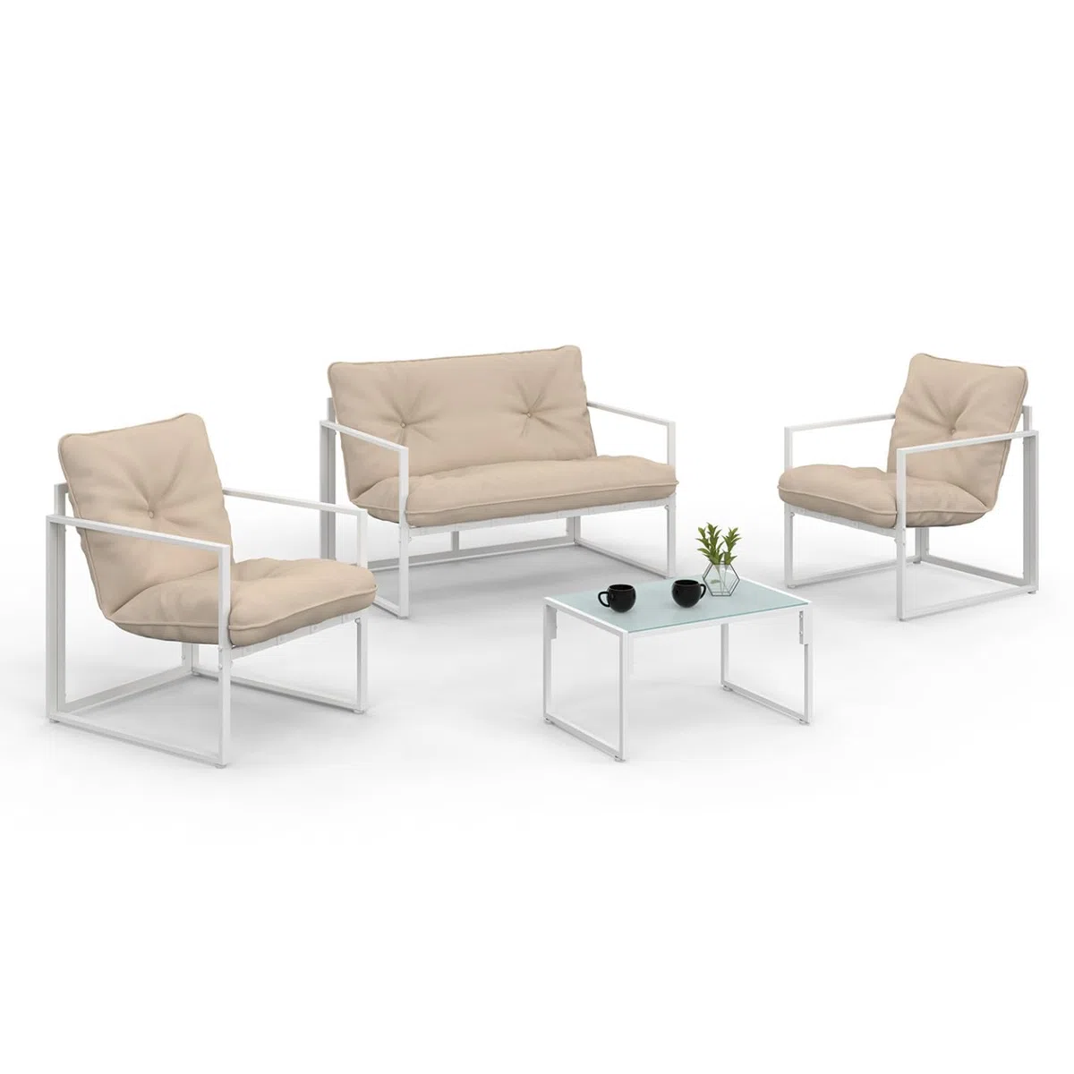 IDMarket - Salón de jardín bajo Nairobi 4 plazas de acero blanco y cojines beige