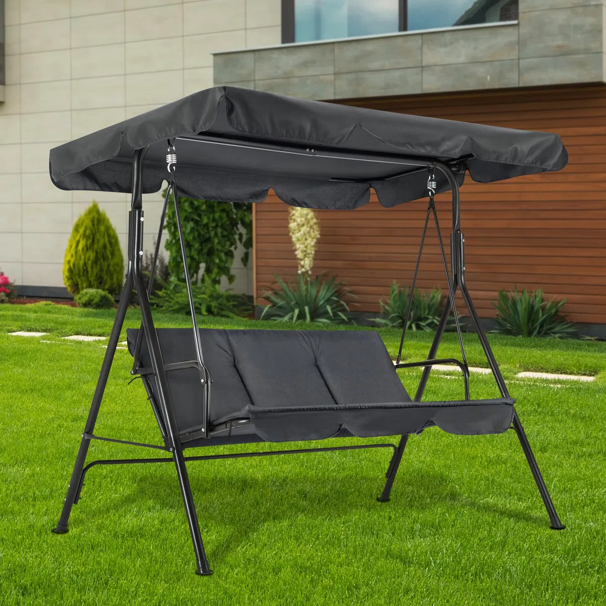 M MCombo Balancín de jardín de 3 plazas, con toldo ajustable, banco balancín para exteriores, resistente a la intemperie, 114 x 170 x 155 cm, gris 8003