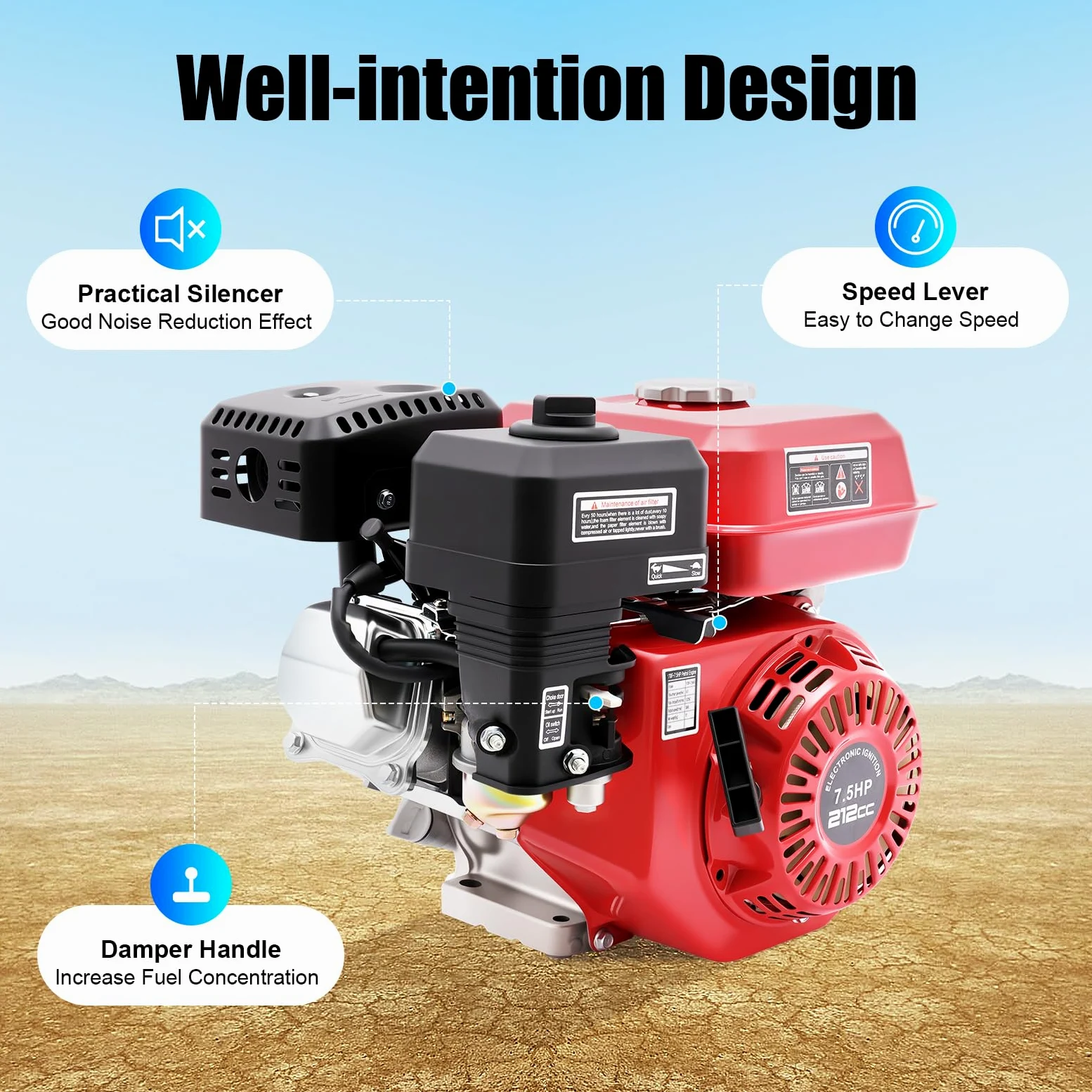 4 tiempos, 7,5 CV, 5100 W, motor de gasolina, cigüeñal, bomba de agua, motor de pie, para bomba de transferencia de agua, desbrozadora Gokart