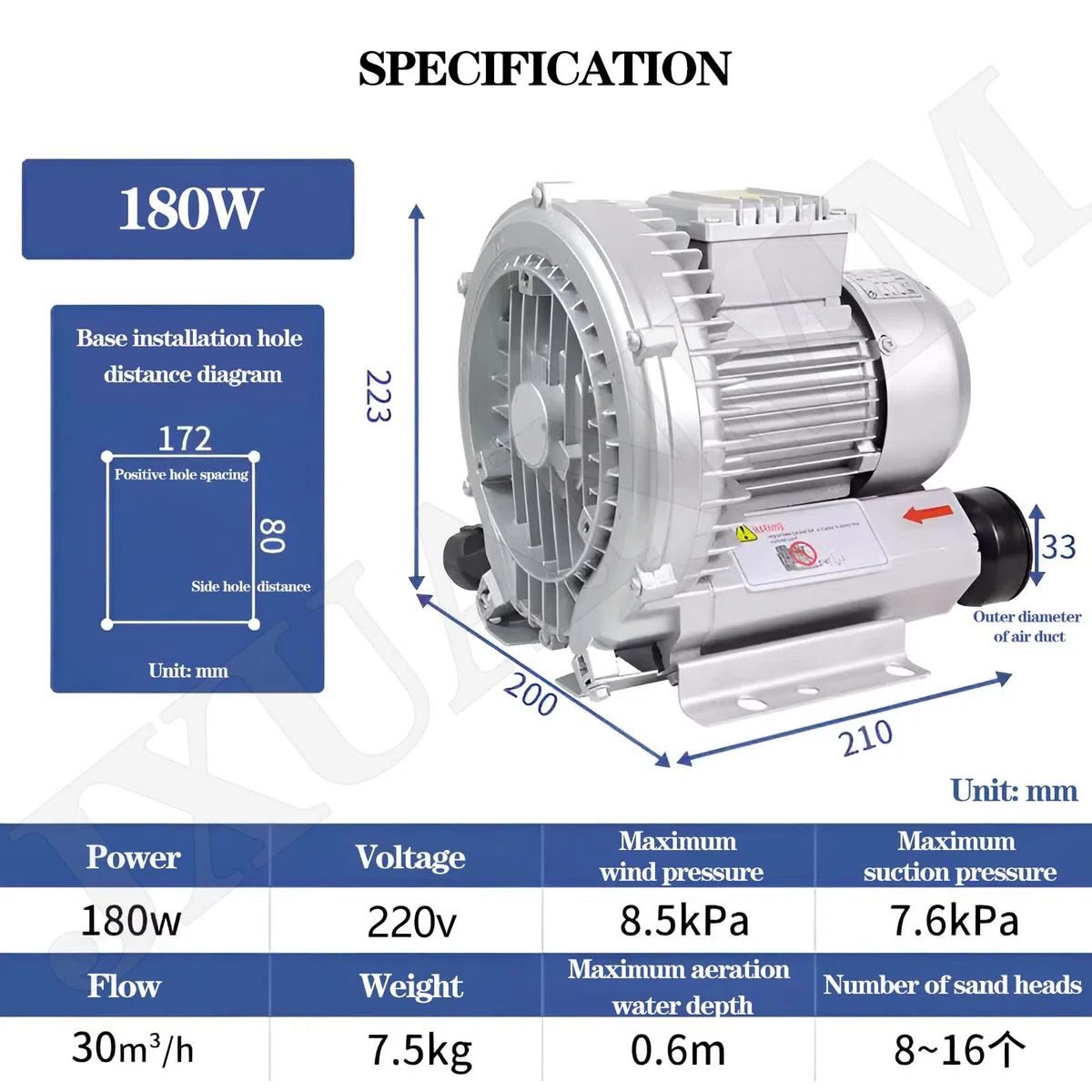 Bomba Soplante Monofásica, Bomba de Agua para Piscina y Jacuzzi, Depuradora Piscina,220V-180W