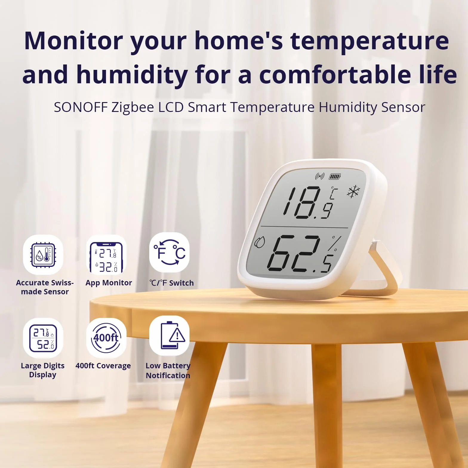 SONOFF SNZB-02D Zigbee Sensor de temperatura y humedad, pantalla LCD, requiere concentrador Zigbee, compatible con Alexa, Google Home, Home Assistant, 4 unidades