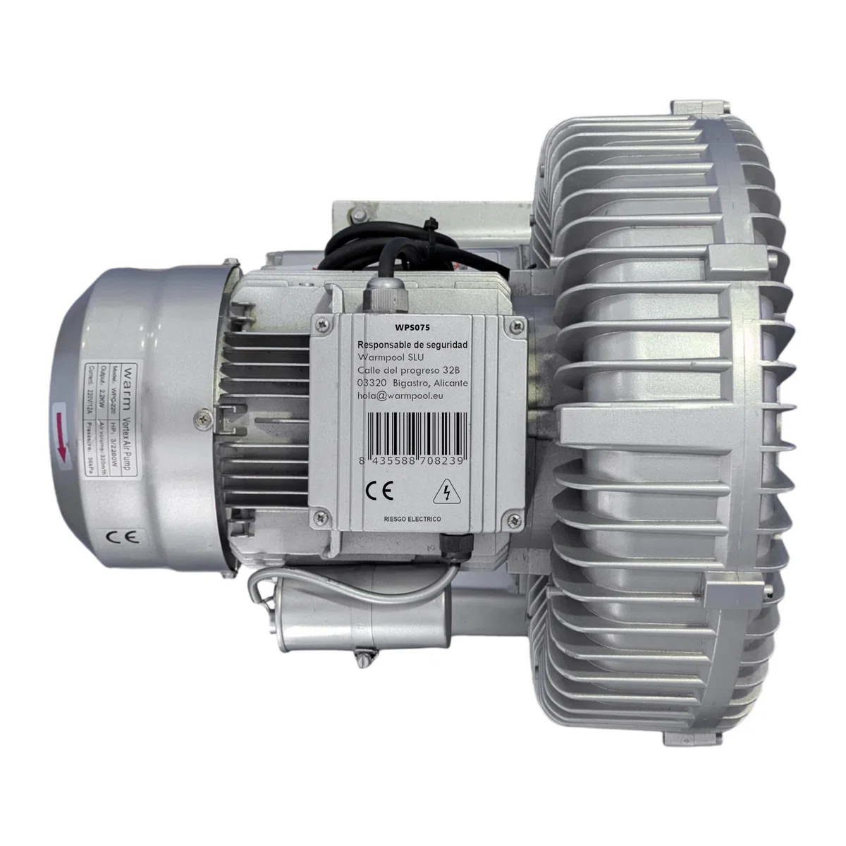 Bomba de Aire Soplador de Canal Lateral para Spa y Jacuzzi, Uso Continuo, Aluminio, 0,75 kW, 220V