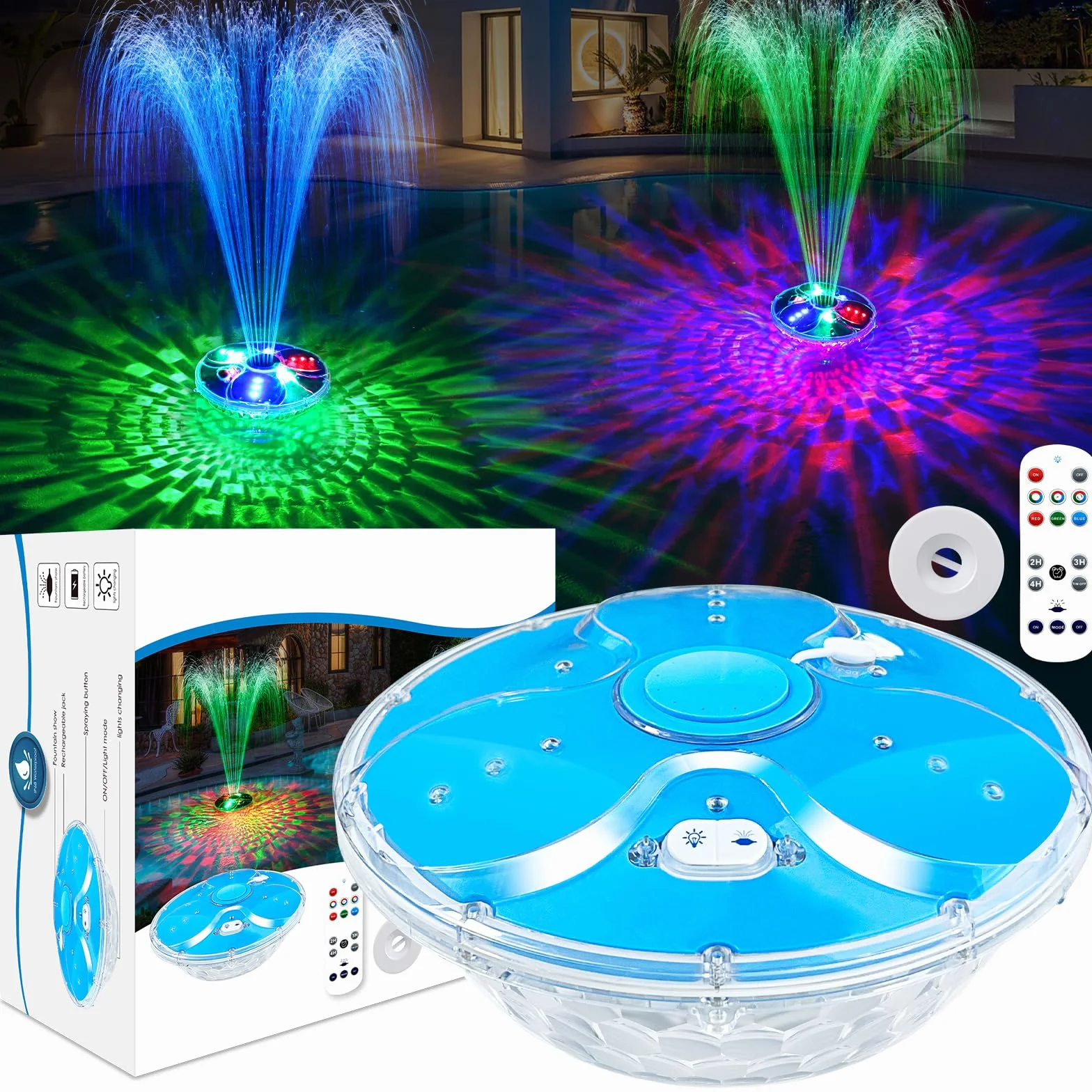 DeeprBling Fuente Flotante para Piscina con Luces Subacuáticas, Fuentes Piscina con Botones y Control Remoto,2 Modos de Pulverización y 7 Modos de Luz, Fuente de Luces para Piscina con Ancla