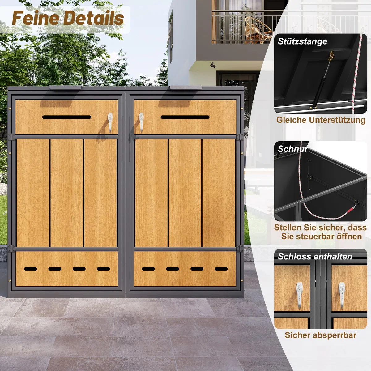 Caja para contenedores de basura, puede contener dos contenedores de basura (120-240 litros), con orificios de ventilación, compartimentos de almacenamiento de basura, con cerradura, dos puertas (1)