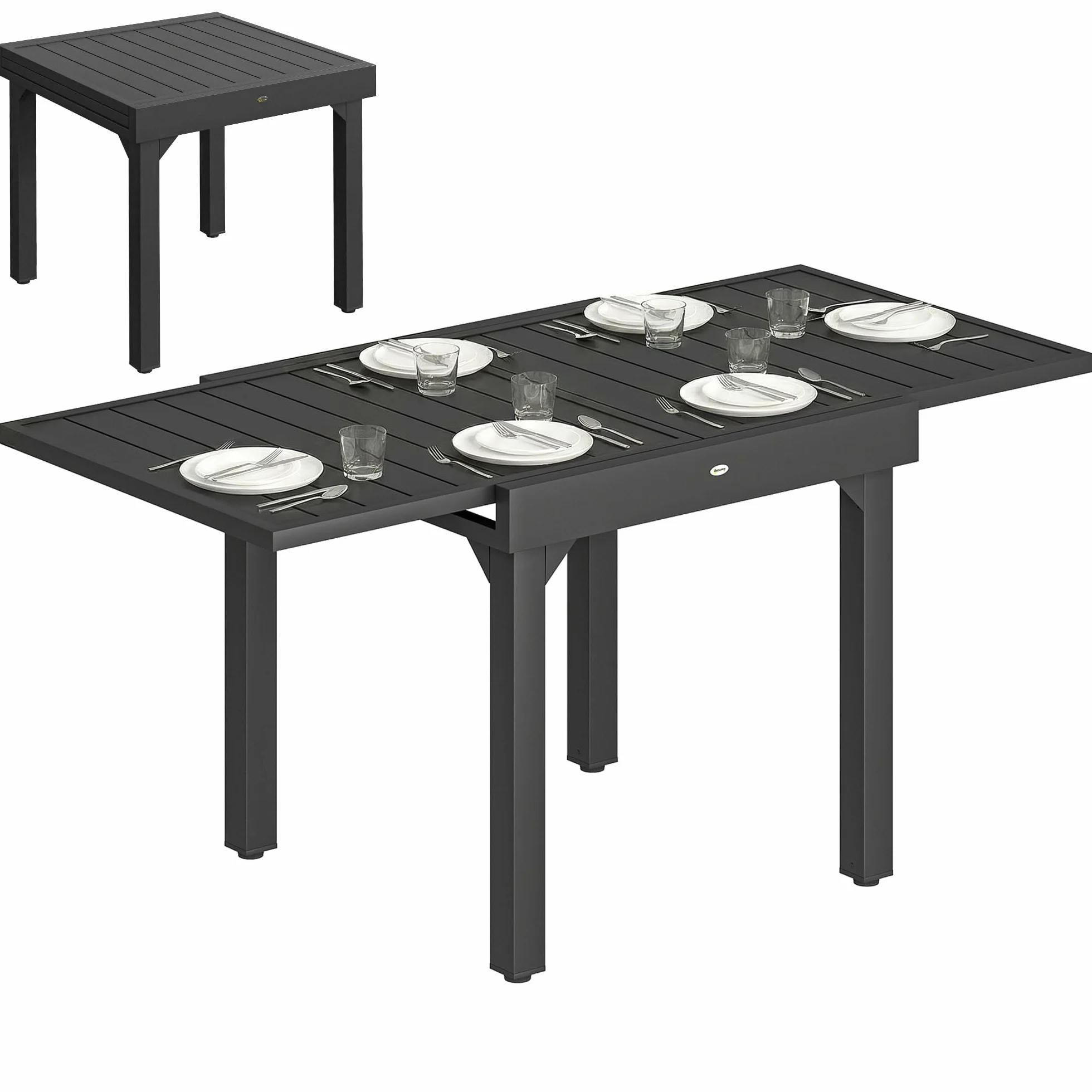Outsunny Mesa de Jardín Extensible, Mesa de Comedor Exterior Extensible 80/160x80 cm, de Aluminio, con Superficie de Lamas, Carga 70 kg, Mesita Rectangular para 4-6 Personas, para Patio Terraza, Negro