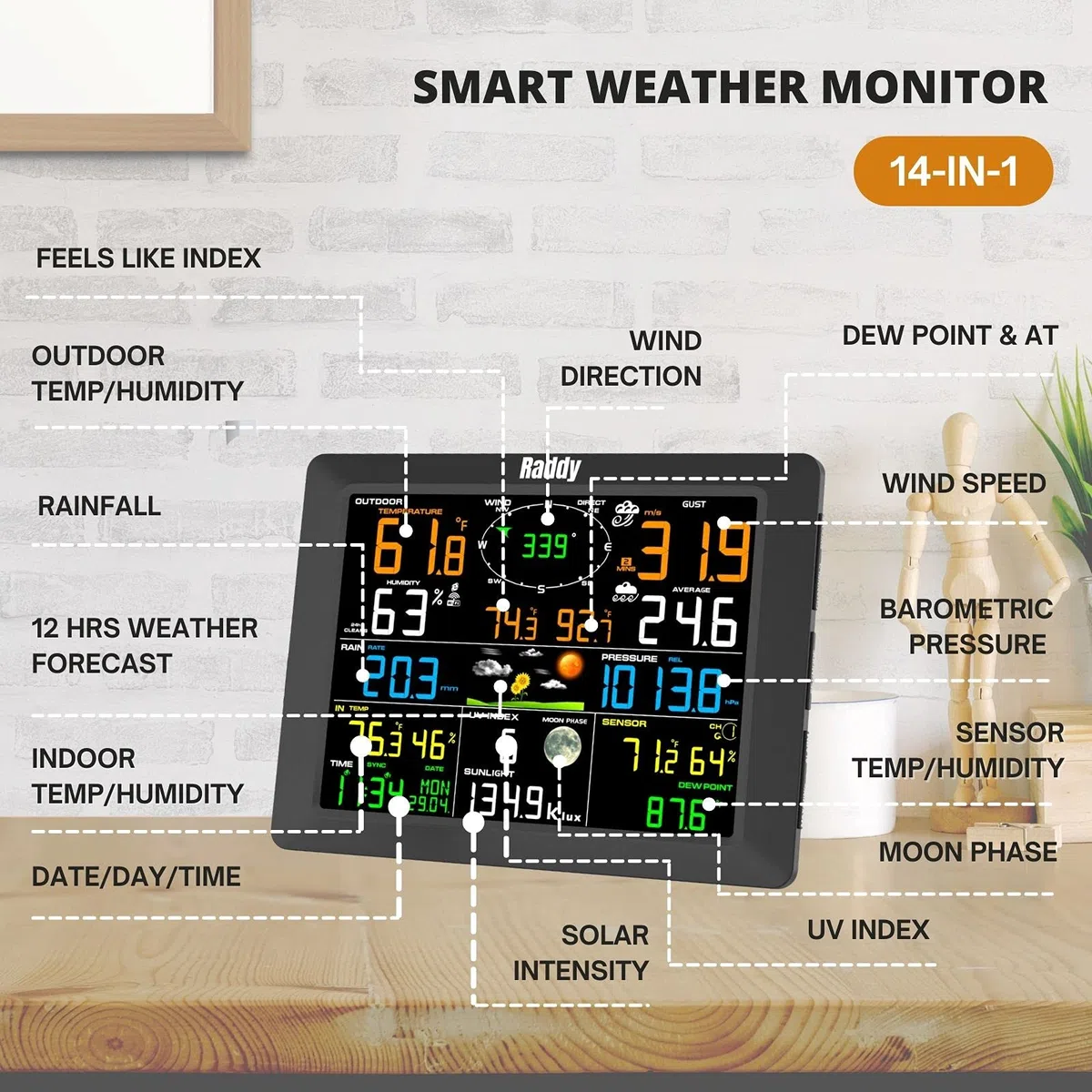 Raddy WF-100C Estación meteorológica wifi profesional con sensor inalámbrico para exteriores, pantalla de 8", barómetro, indicador de viento, indicador de lluvia, sensor solar para el hogar, el jardín