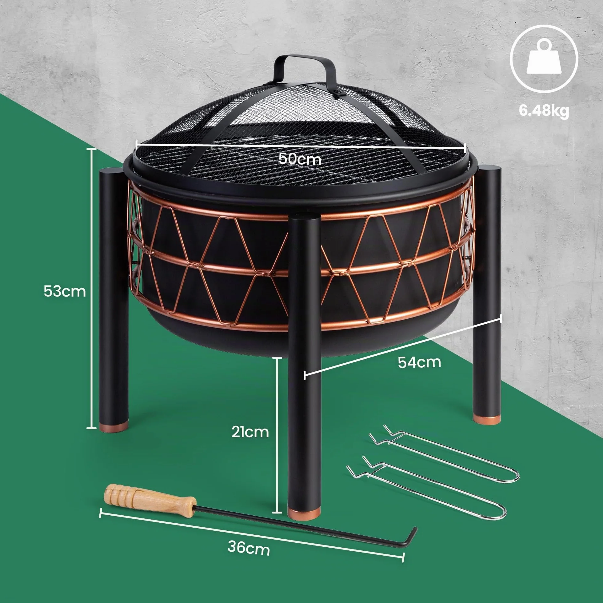 VonHaus Brasero – 2-en-1 con Parrilla BBQ para Exterior, jardín y Patio, en Acero Negro con Detalle Cobre, Incluye atizador y Tapa de Malla, Compatible con leña o carbón