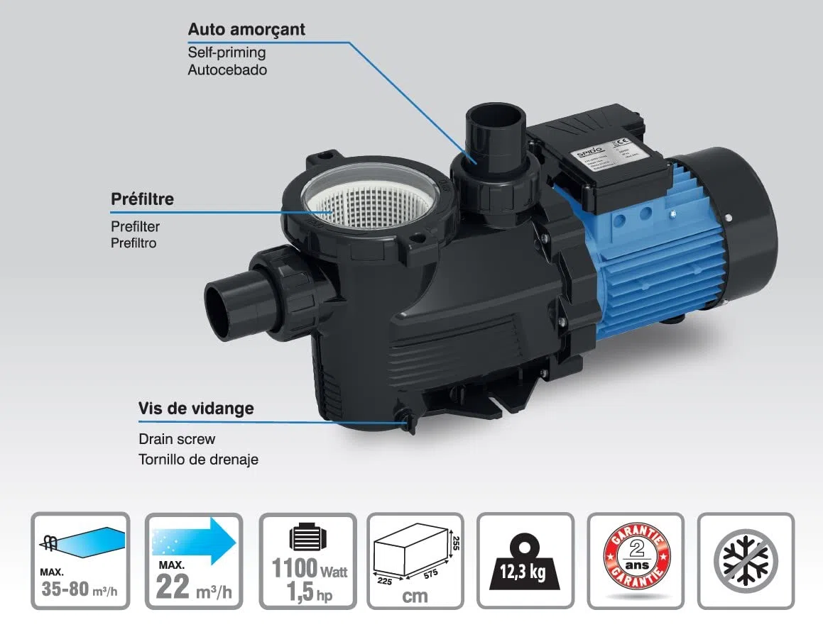 Spid'O SPR 1100 2963 - Bomba de filtración para piscina (22 M3/h, 1,5 CV, filtro grande, color negro