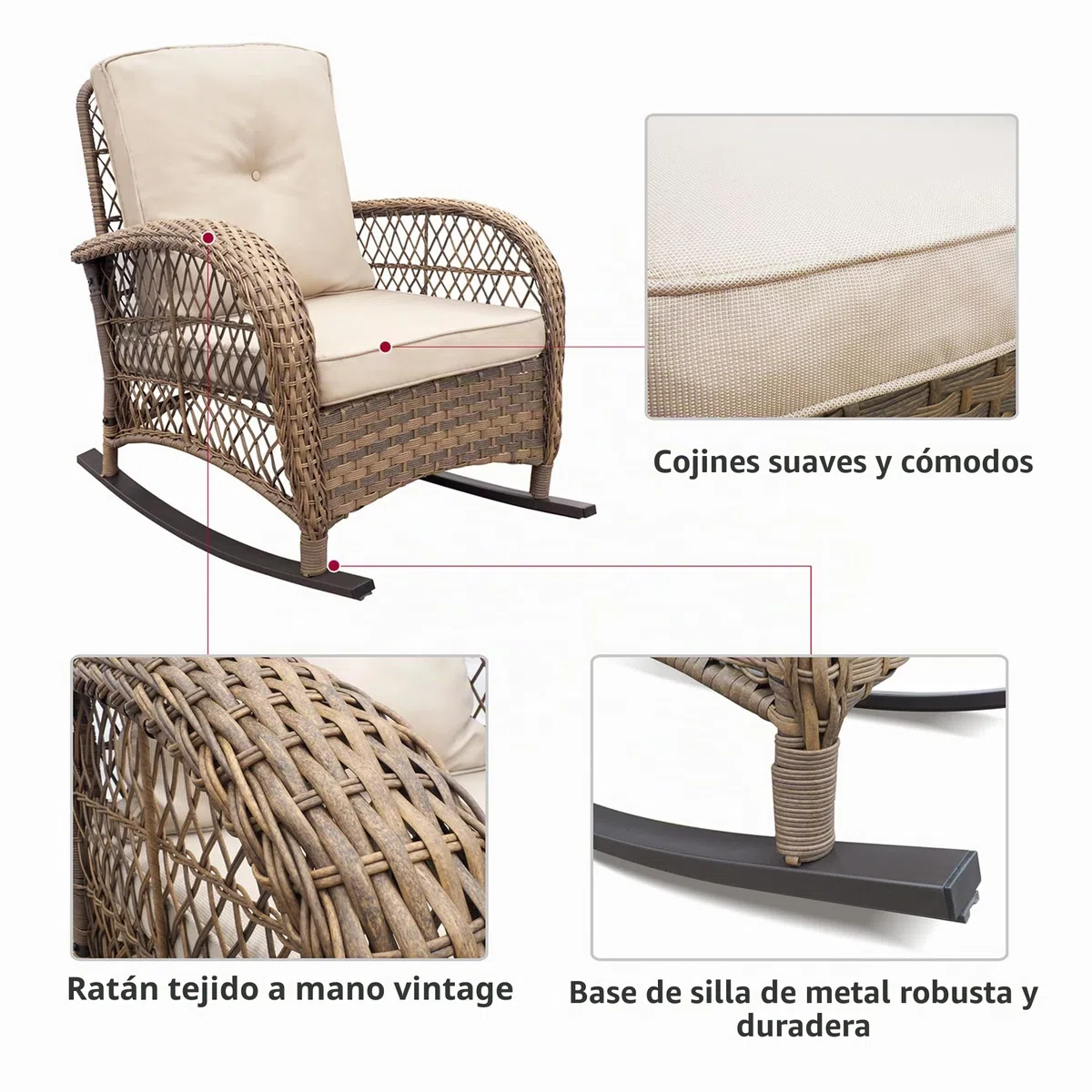 ATR Art TO Real Juego de 3 mecedoras de jardín, Juego de Muebles de conversación de ratán para Patio con Mimbre Tejido a Mano de Resina, Juego de 2 mecedoras y Mesa de café de Vidrio Templado
