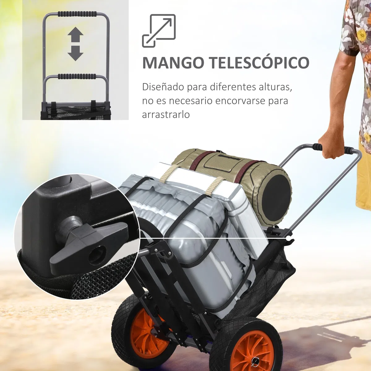 SPORTNOW Carro Playa Plegable, Carro Transporte con Grandes Ruedas de 30 cm para Todo Terreno, con Bolsillo de Malla y Mango Telescópica de Aluminio, para Jardín, Campaña, Compra, Carga 150 kg, Gris