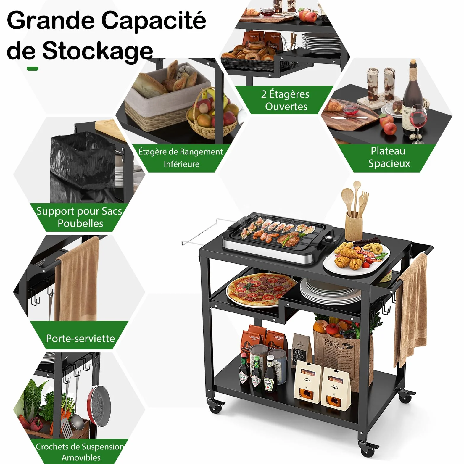GOPLUS - Carro de barbacoa con 4 ruedas, postre exterior para barbacoa, plancha con 4 ganchos y estante, 111 x 50,5 x 93 cm, carga 50 kg, UI21160ELFR