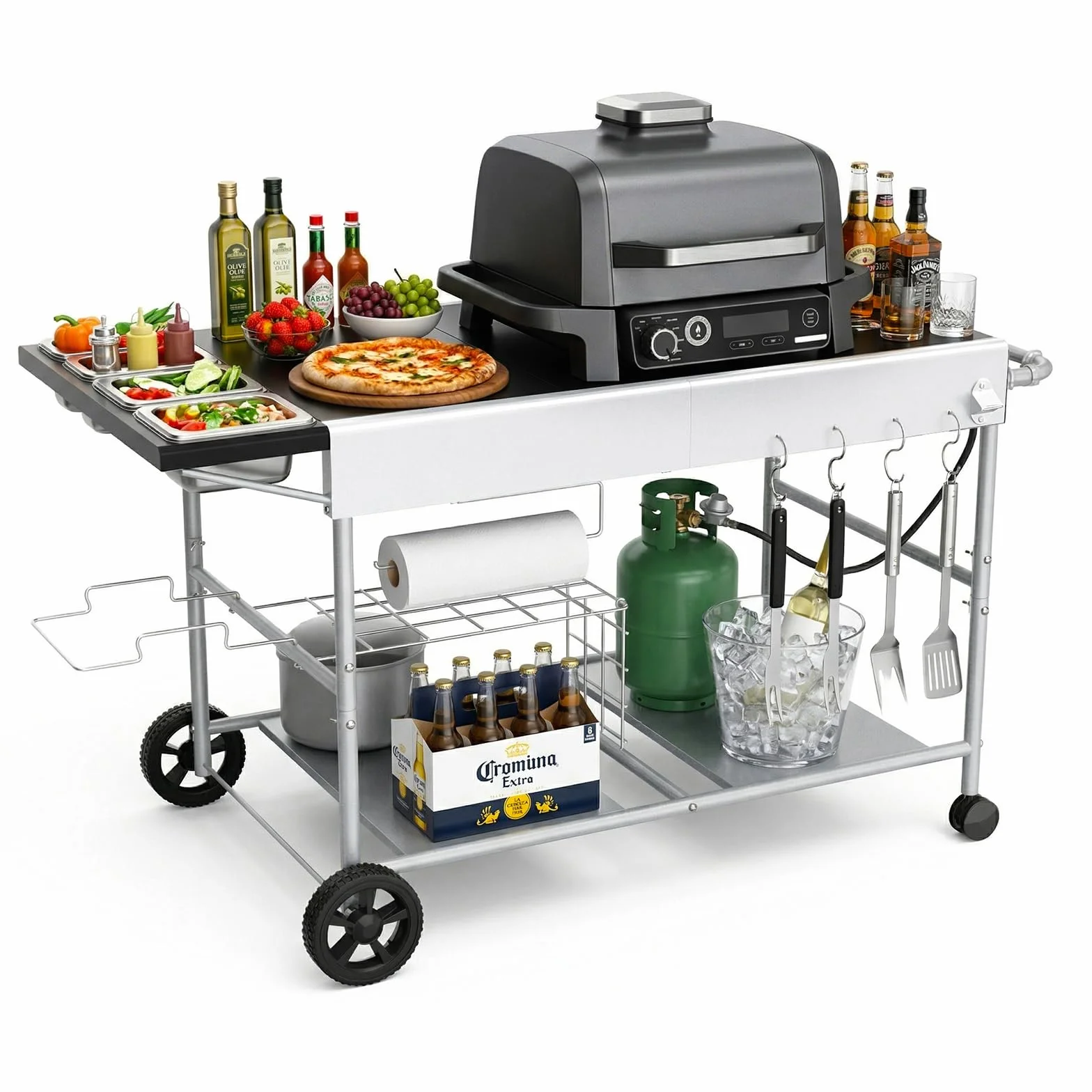 Denmay 128 x 66 x 78 cm carro de barbacoa para Weber Q Serie, Ninja Woodfire, horno de pizza, parrilla de mesa, horno para pizza, carrito de servir con gran superficie de trabajo, mesa de barbacoa al