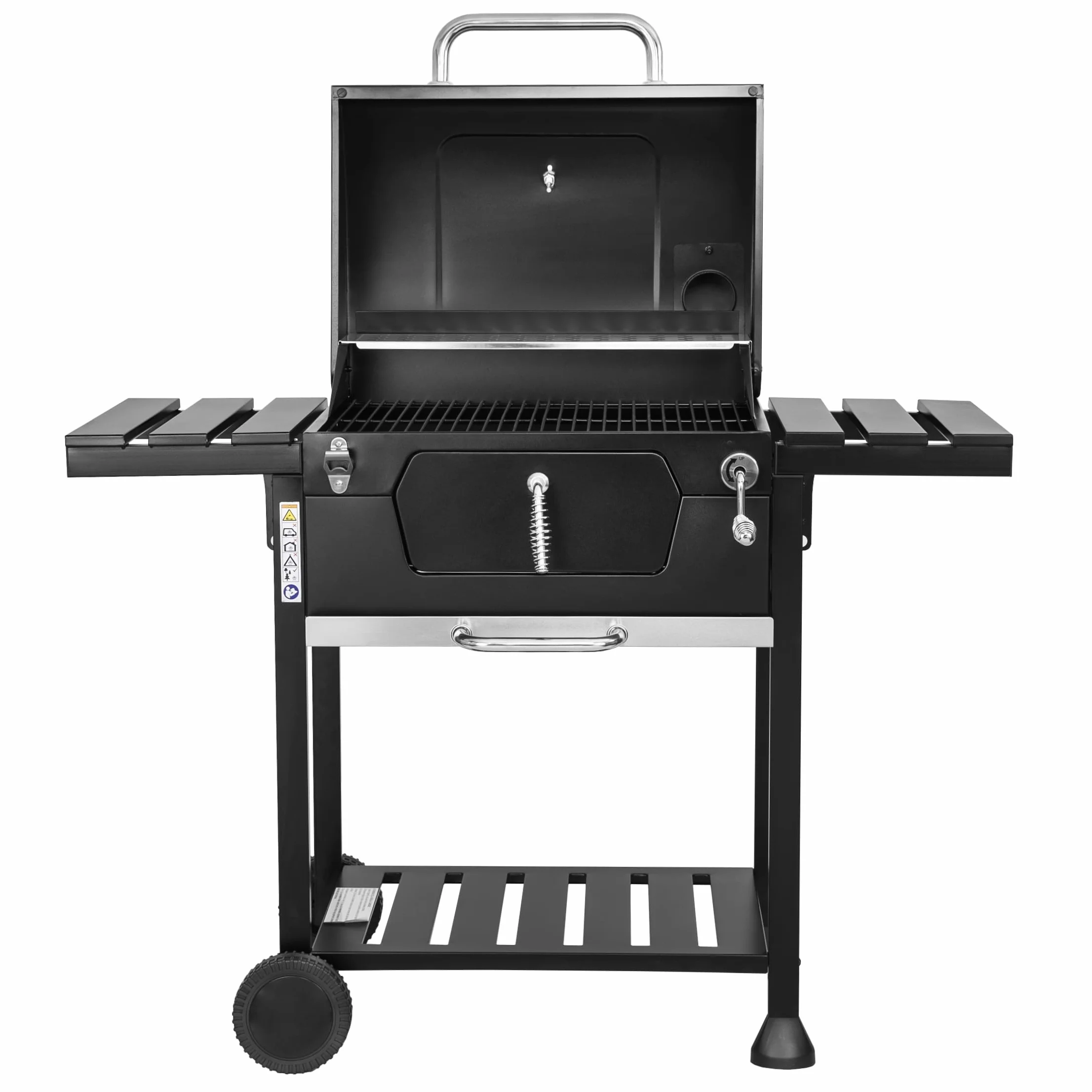 MasterCook Barbacoa de carbón de acero con ruedas resistente y estable con doble parrilla, termómetro y ajuste de la cesta de barbacoa, barbacoa de carbón con estantes laterales