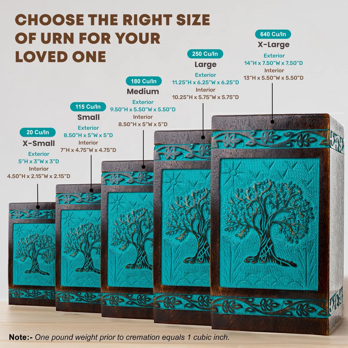 Urna de cremación para cenizas humanas, caja de madera para cenizas hecha a mano, urna conmemorativa del árbol de la vida, urnas de cremación funeraria (verde azulado, XL (250 libras o 115 kg))