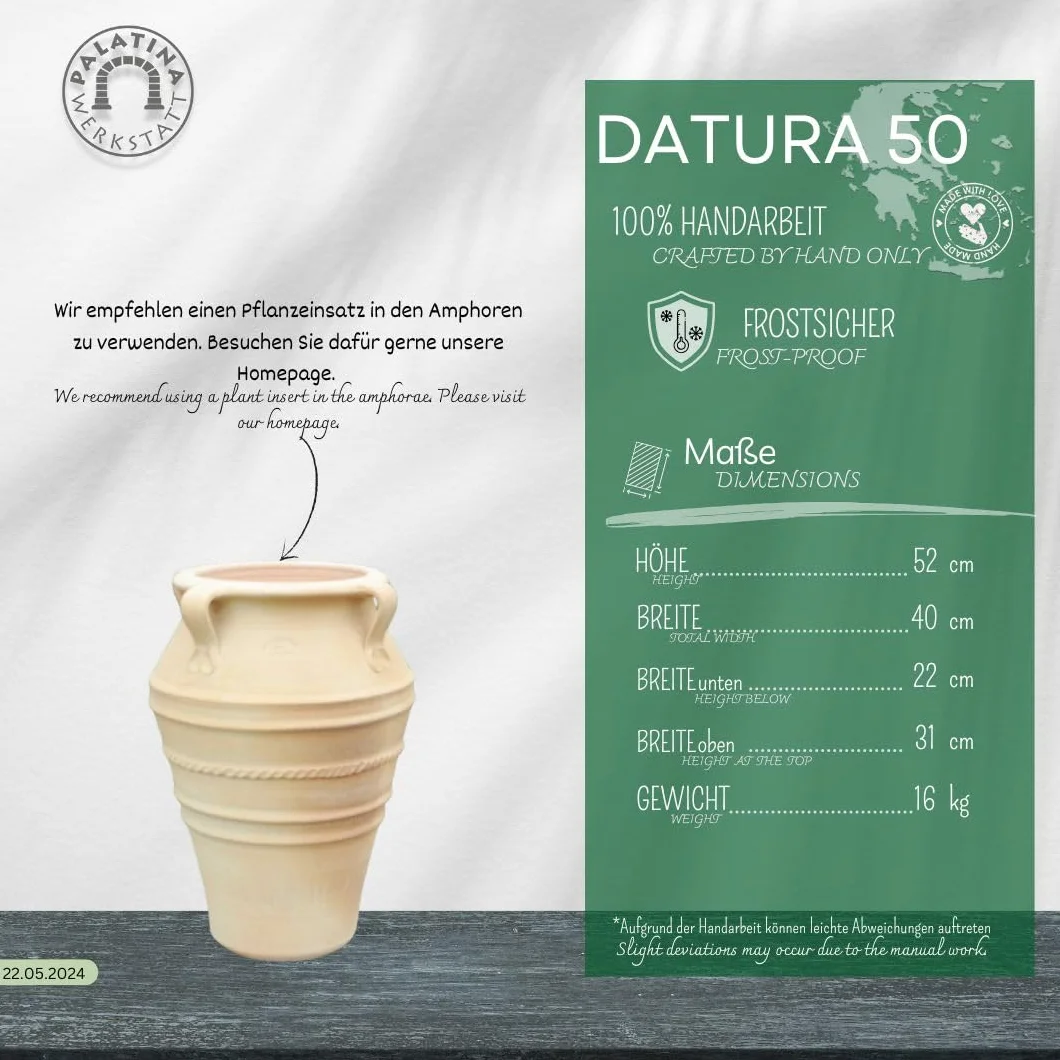 Palatina Werkstatt Exclusiva ánfora de terracota Datura 50 cm – 100% hecha a mano única – belleza inconfundible para tu jardín e interior