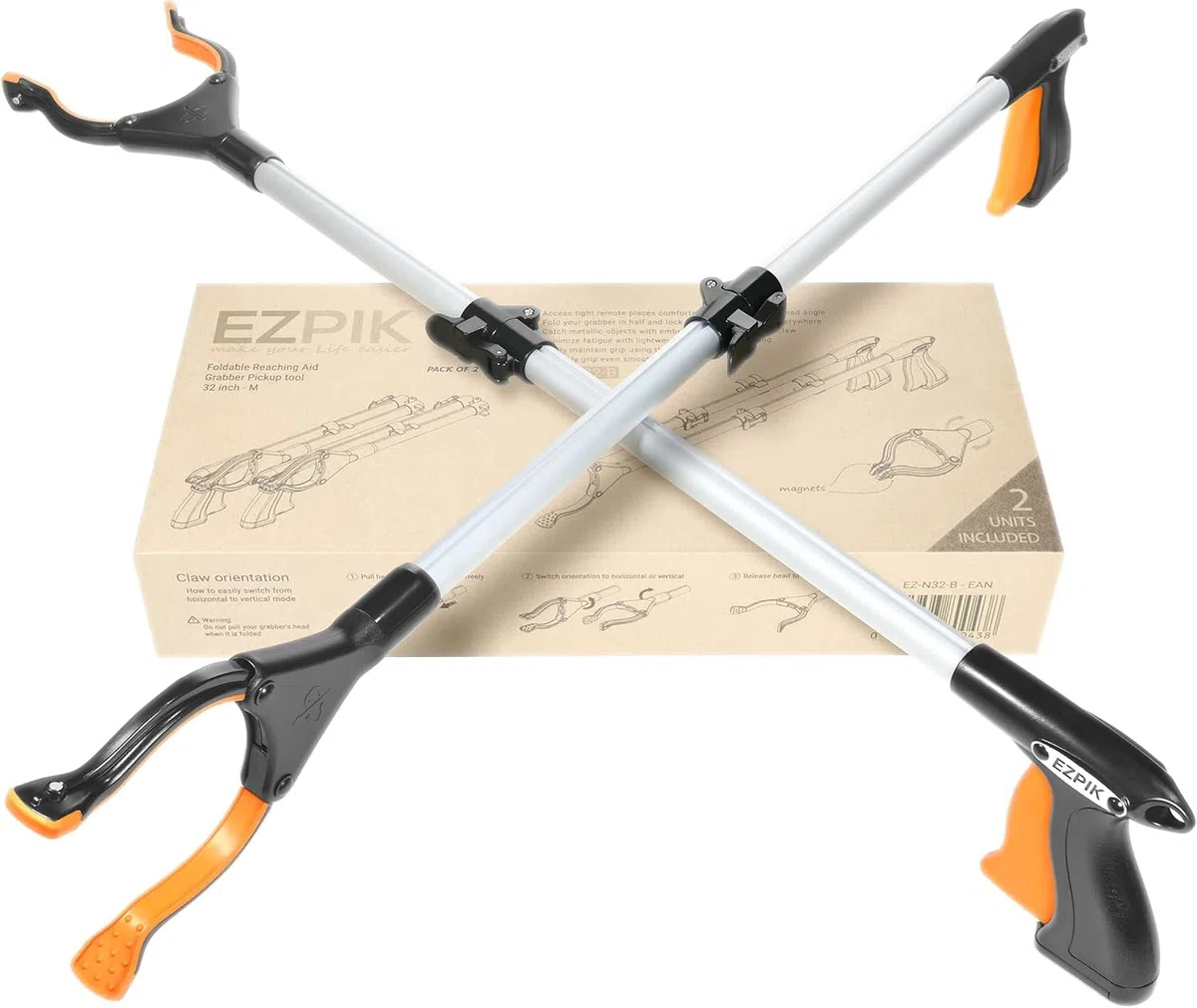 EZPIK® Pinzas Recoger Basura 80 cm - Pinzas Extensibles para Personas Mayores - Palo con Imán Telescópico para Minusválidos y Ancianos - Pinza Recoge Objetos y Fruta [Color Plateado, Pack 2]