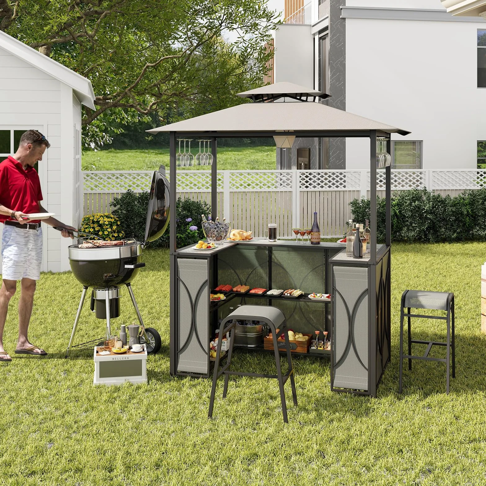 GOPLUS Cenador para barbacoa, doble techo con cristal templado, mesa de bar, 2 taburetes, soportes de cristal, 2 estantes, toldo para barbacoa, resistente a la intemperie, para exterior, jardín, patio