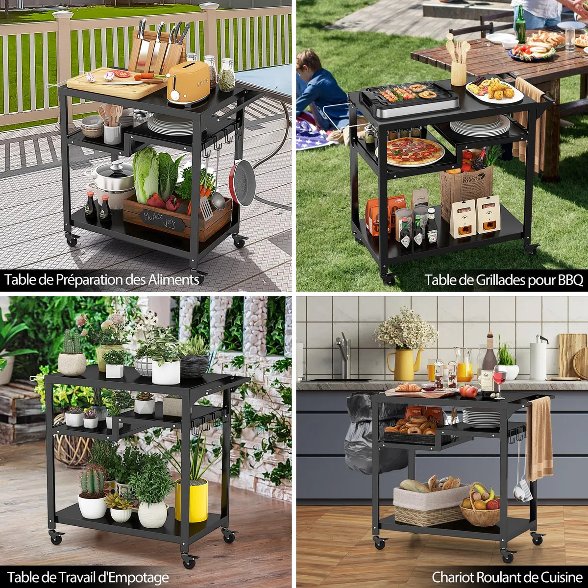 GOPLUS - Carro de barbacoa con 4 ruedas, postre exterior para barbacoa, plancha con 4 ganchos y estante, 111 x 50,5 x 93 cm, carga 50 kg, UI21160ELFR