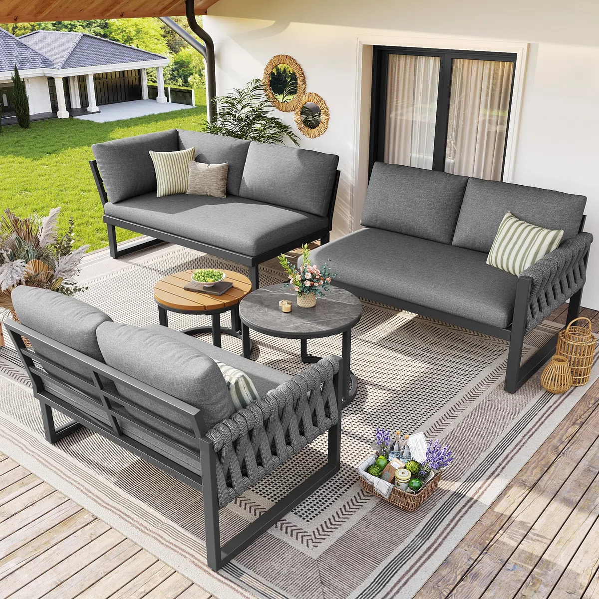 Juego de muebles de jardín con patas ajustables, cojines impermeables y desmontables, juego de salón de jardín para 5-6 personas, modular para balcón, jardín y terraza, incluye todos los cojines de