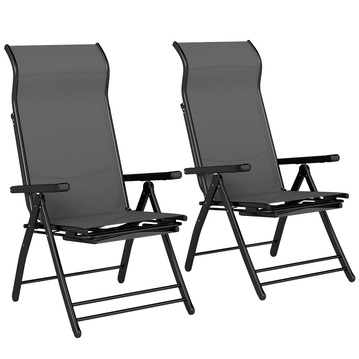 Outsunny Pack de 2 Sillas Plegables Reclinables, Sillas de Jardín Exterior con Respaldo Alto Curva Ajustable en 5 Posiciones, Reposapiés Retráctil y Marco de Metal, para Patio, Playa, Gris Oscuro