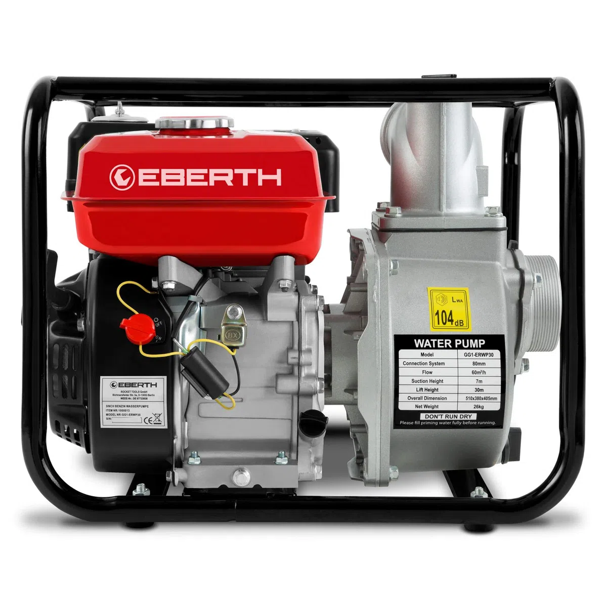 EBERTH Motobomba de agua a gasolina, motor de 4T y 6,5CV, caudal de 60.000l/h, conexión de 3 pulgadas, altura de aspiración de 7m y de impulsión de 30m, arranque por cable y con base metálica