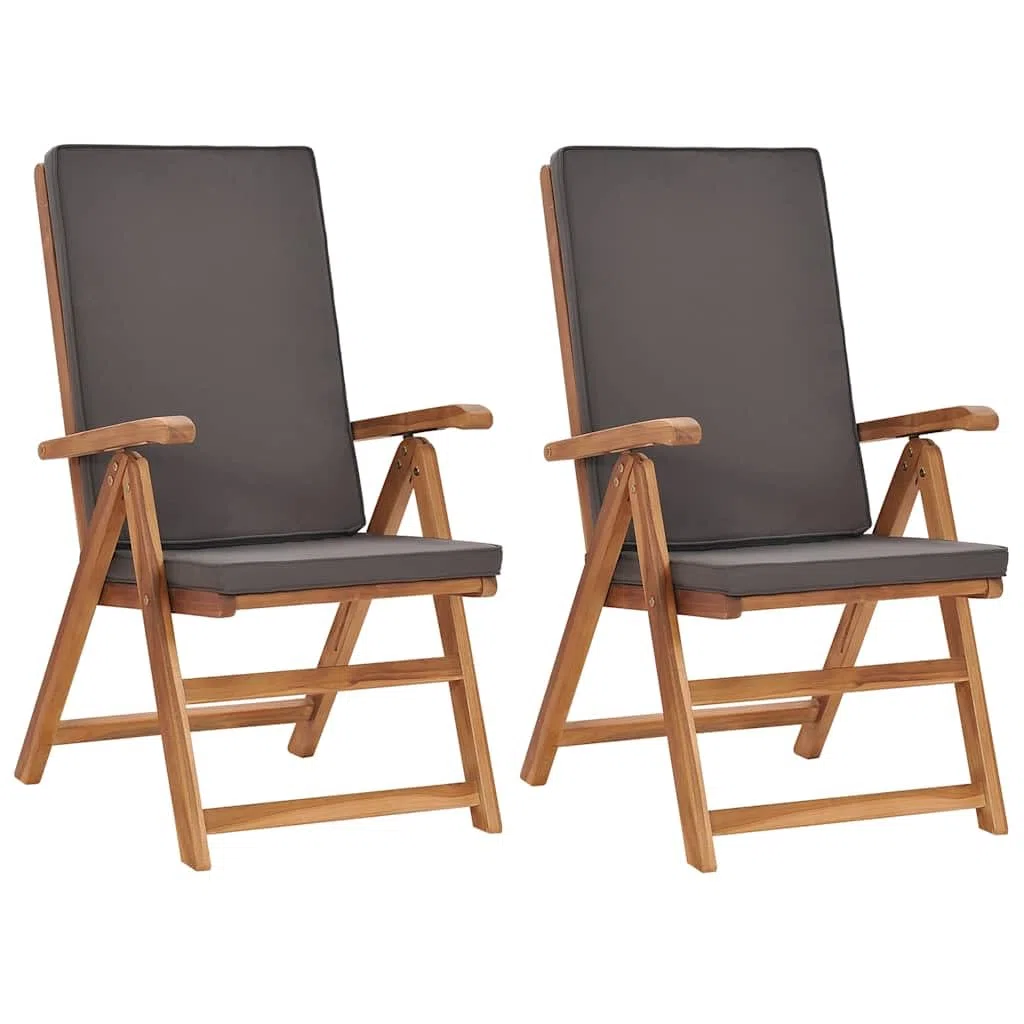 vidaXL 2X Teca Maciza Sillas de Jardín Reclinables y Cojines Asiento de Terraza Patio Parque Exterior Interior Aire Libre Plegable Gris
