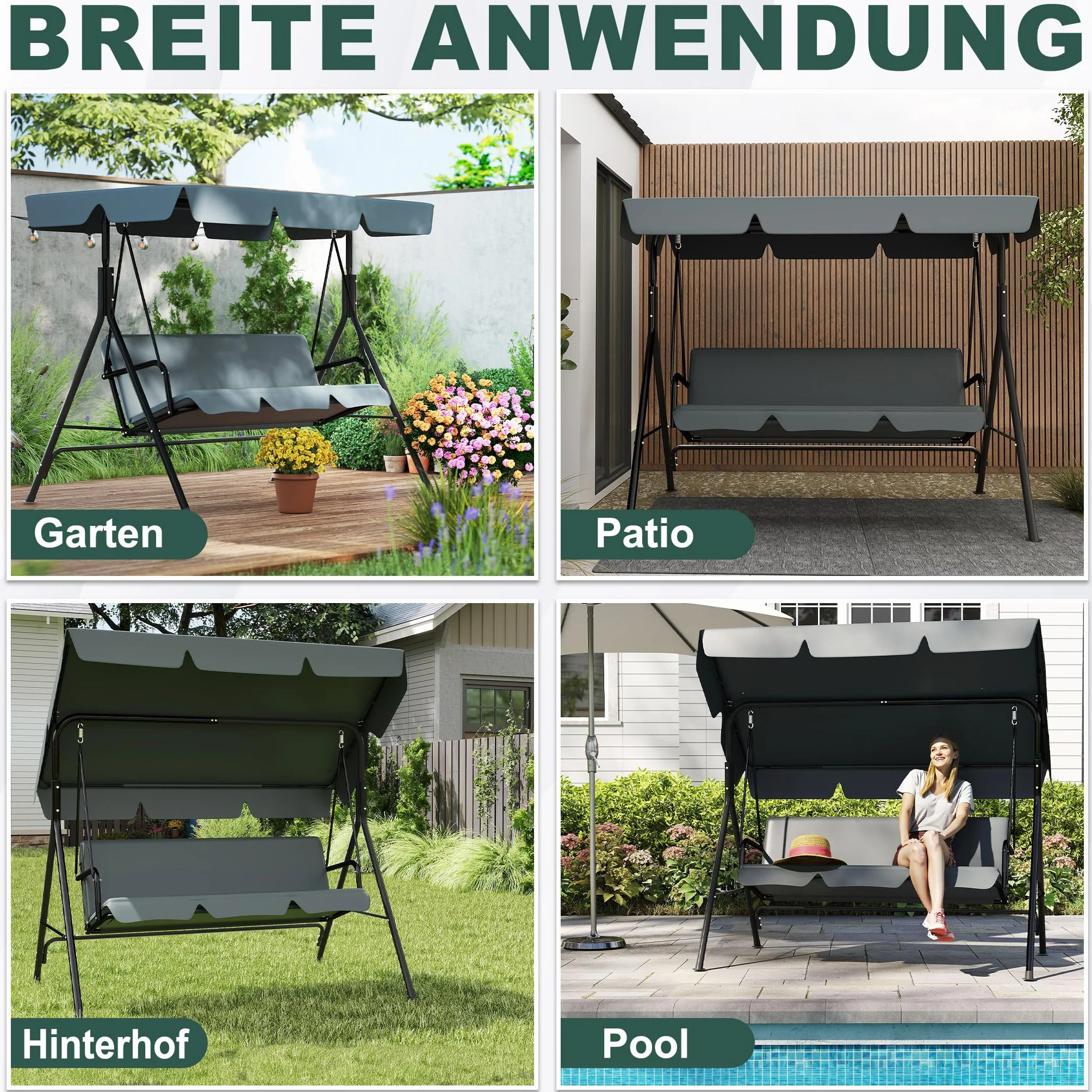 Froadp Columpio de jardín para exteriores con techo, 3 plazas, soporta hasta 200 kg, resistente a la intemperie, columpio para adultos en el jardín, balcón, terraza, 176 x 110 x 152 cm, antracita