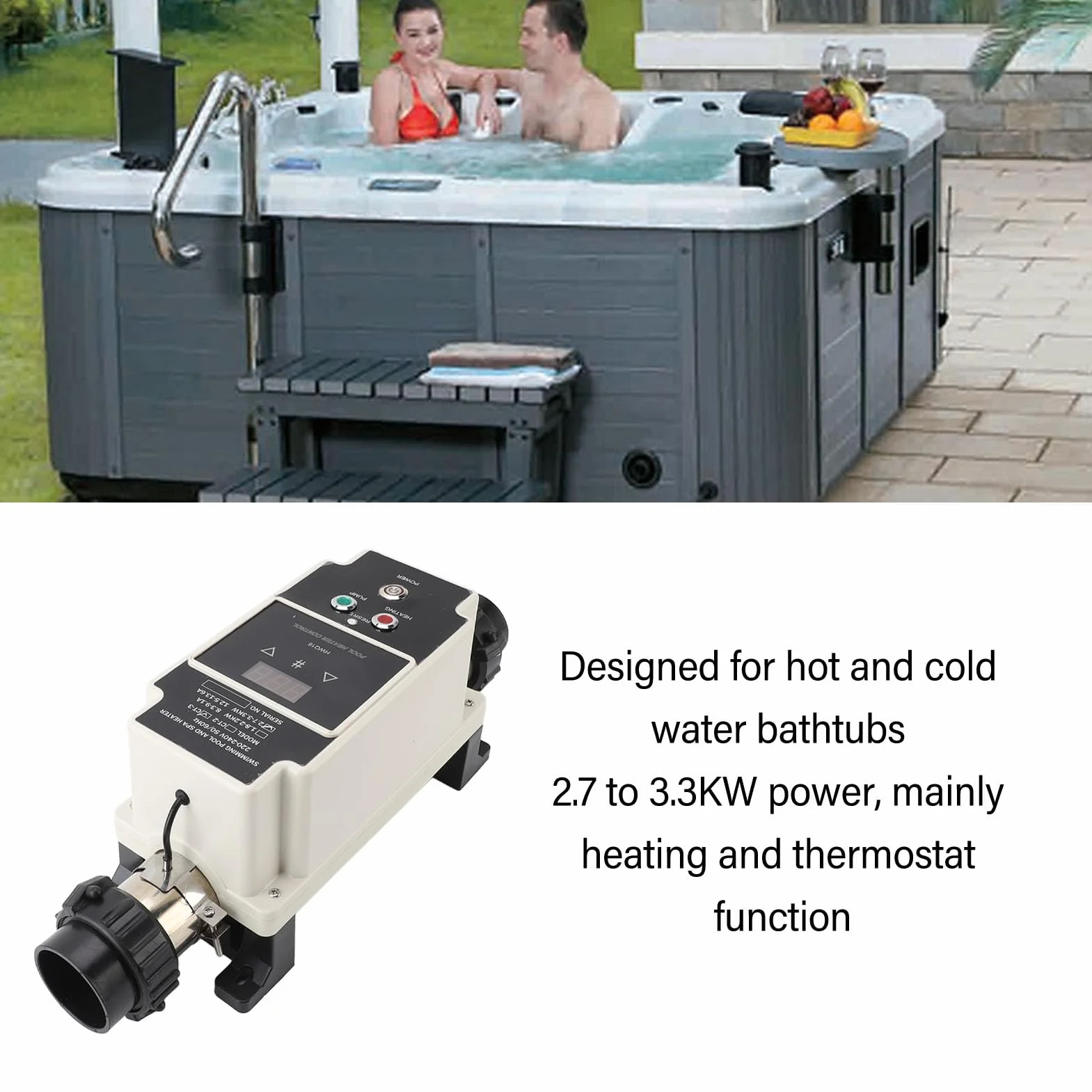 Calentador de Piscina de 2,7 a 3,3 KW, Calentador de Agua Eléctrico para Piscina, Termostato de Jacuzzi con Pantalla Digital para Bañera de Hidromasaje de 220 a 240 V