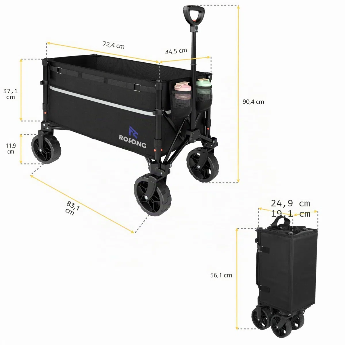 ROSONG Carro Playa Plegable con Ruedas Grandes Todo Terreno Carrito de Transporte Robusto Carro Playa con Bandas Reflectantes para Camping Jardín y Compra, Negro 120L