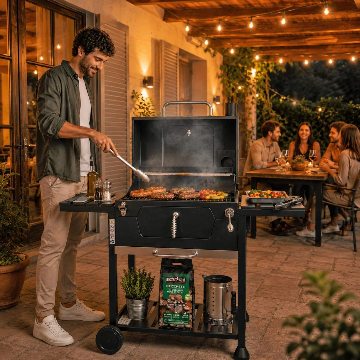 MasterCook Barbacoa de carbón de acero con ruedas resistente y estable con doble parrilla, termómetro y ajuste de la cesta de barbacoa, barbacoa de carbón con estantes laterales