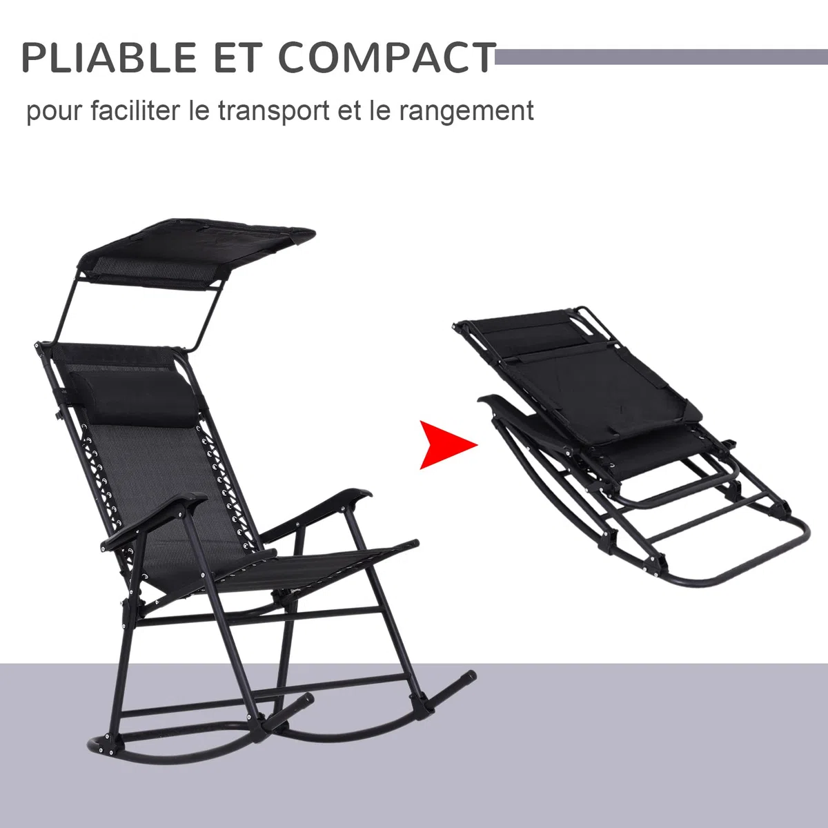 Outsunny Rocking Chair Plegable de Jardín Dim. 105 x 64 x 125 cm tetera + parasol incluido acero epoxi textileno negro
