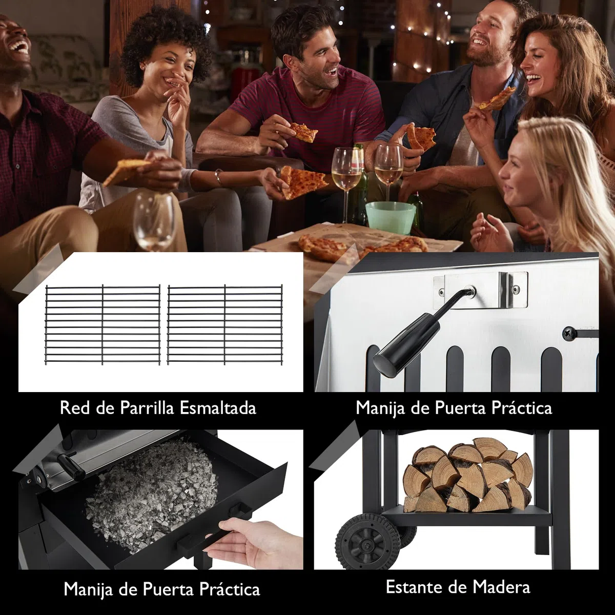 GYMAX Horno para Pizza de Exteriores con Piedra y Pala, Horno de Cocina con Termómetro y Función de Barbacoa, Estufa con Cubierta y 2 Ruedas para Picnic, Fiesta y Camping