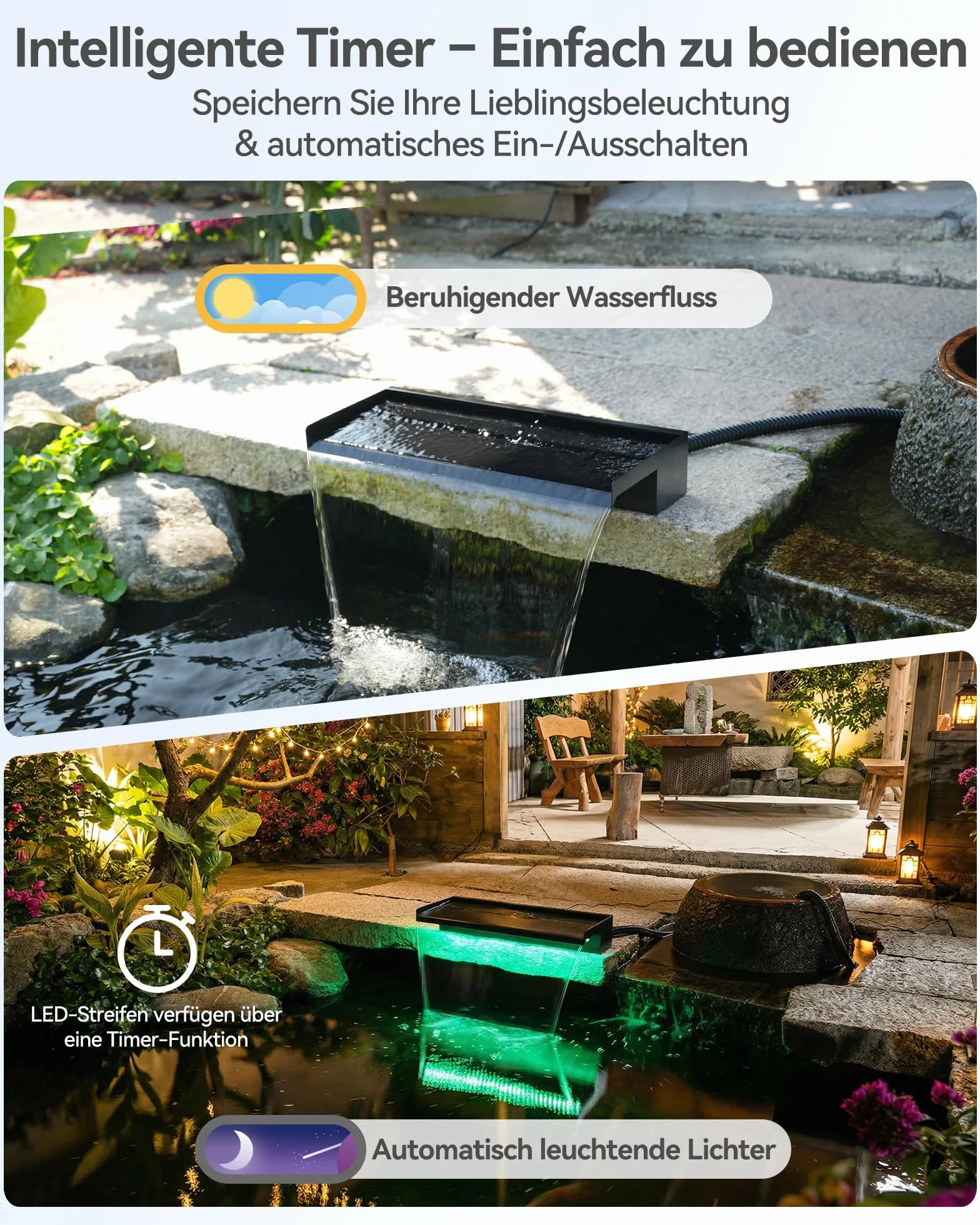 POPOSOAP Kit de Cascada para Estanque, Desagüe de Acero Inoxidable 60cm, Bomba de Agua 4500 L/h, Luces LED con Mando a Distancia y Tubo Corrugado 3m, Adecuado para Estanques Exteriores hasta 12 m²