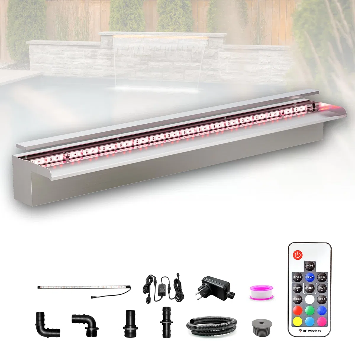 LONGRUN Kit de Cascada de Piscina de 90 cm, Fuente de Estanque de Acero Inoxidable 304, con luz LED RGB, Ancho 15 cm