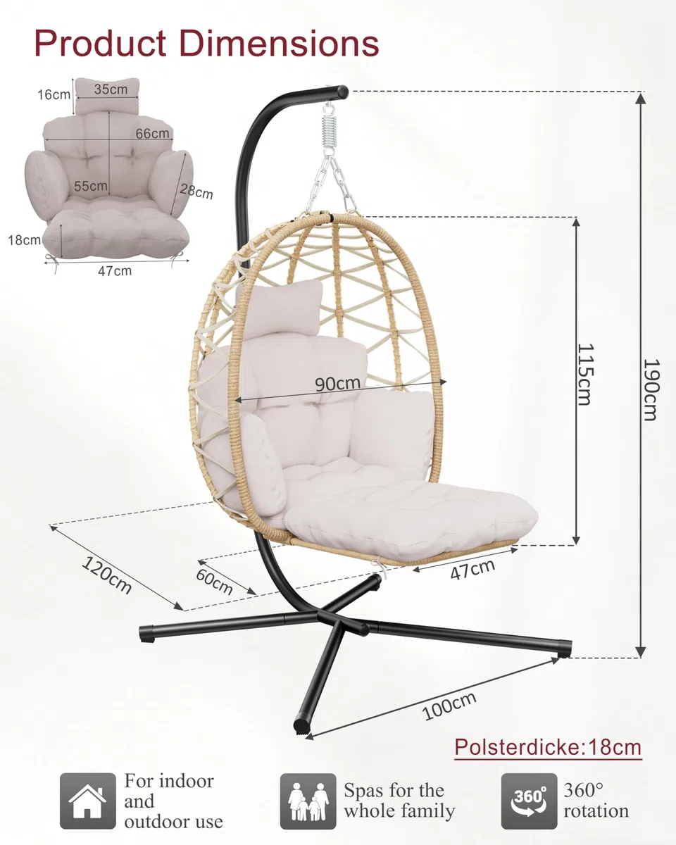Silla colgante con estructura, reposapiés, silla colgante, en ratán para interiores y exteriores, columpio colgante para jardín, terraza, cuarto de niños, rincón de lectura, hasta 150 kg