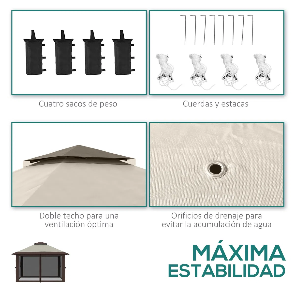 Outsunny Carpa Plegable Pop-up 4x4x2,8 m Cenador de Jardín con Paredes Altura Ajustable Anti-UV Impermeable Doble Techo Mosquiteras y Bolsa de Ruedas Gazebo para Exterior Fiestas Camping Beige