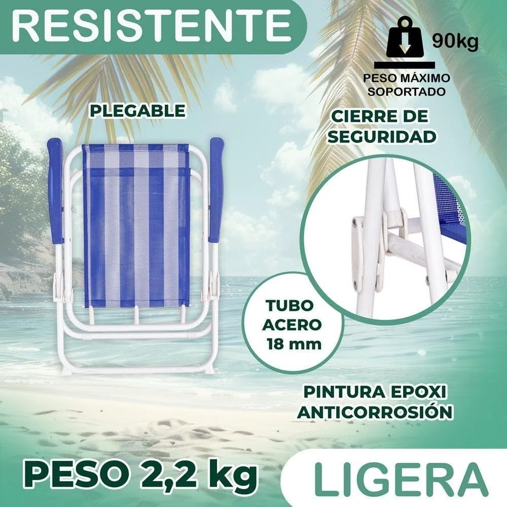 LOLAhome Pack 2 sillas Playa y Camping Plegables con Cierre de Seguridad, Estructura Acero Pintura Epoxi anticorrosión, Tejido textileno Transpirable de Rayas Multicolor, Respaldo Alto Mono-posición