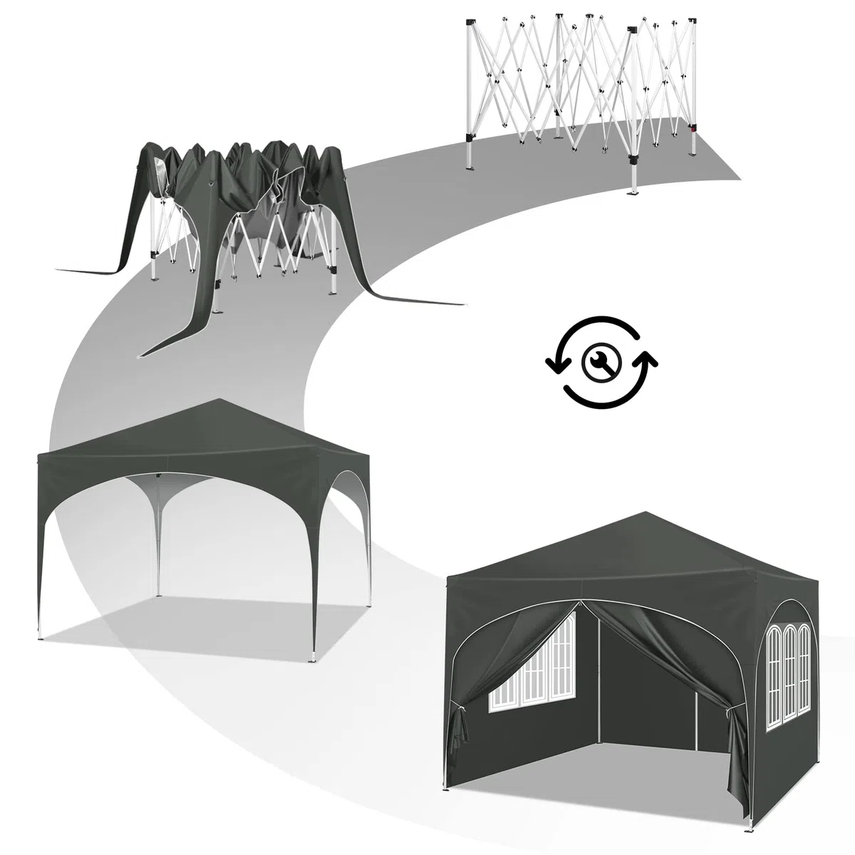 WOLTU Pabellón de Jardín Cenador Plegable Pérgola con Techo Carpa para Exteriores de Tela Oxford, 3x3 m, con Paredes Laterales Altura Ajustable para Camping y Playa,Gris