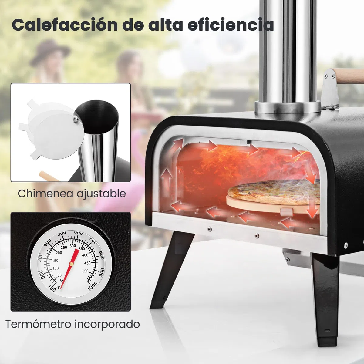 COSTWAY Horno Pizza, Horno Pizza Leña y Carbón, Piedra para Pizza de 30 cm, Inoxidable de 3 Capas con Termómetro, Pala para Pizza y Bolsa de Transporte