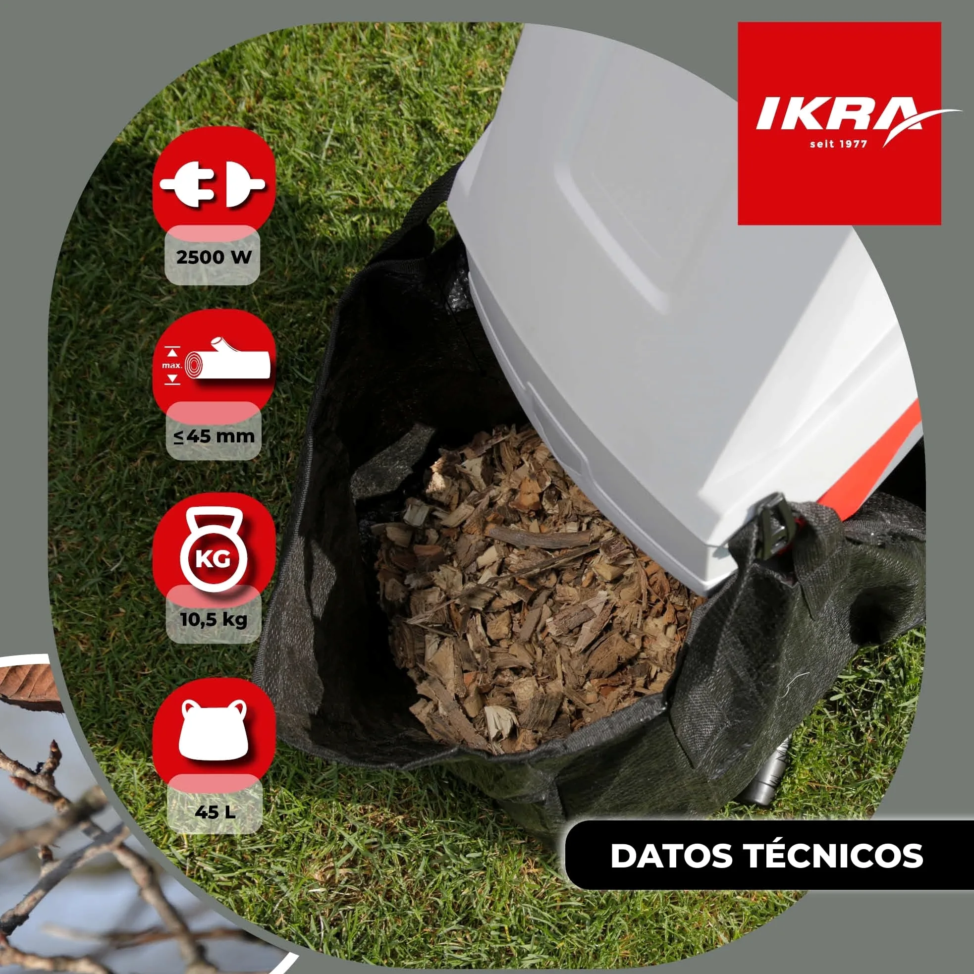 IKRA trituradora de Cuchillas eléctrica IMH 2500, Incl. 2X Cuchillas de Repuesto, Saco coletor y Gafas de Seguridad